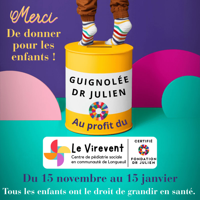 A child's feet in striped socks stand atop a yellow donation tin against a colorful, abstract purple and teal background with French text.