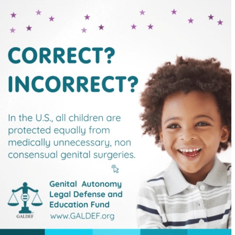 A smiling young child with curly hair stands in the foreground against a white background featuring text and purple stars.