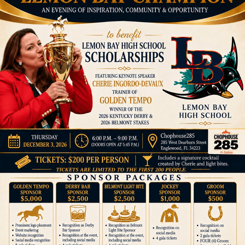 A woman in a red blazer holds a gold trophy in the foreground, set against a promotional event flyer for Lemon Bay High School scholarships.