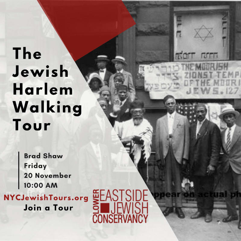 Text for "The Jewish Harlem Walking Tour" is overlaid on a white background in the foreground, with a vintage black-and-white photograph of a group of people standing in front of a building in the background.