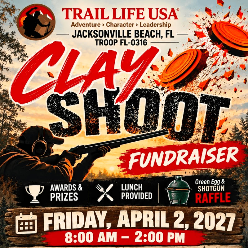 A shooter aiming a shotgun at flying clay targets dominates the foreground against a sunset forest background, all overlaid with bold text for a Trail Life USA fundraiser.