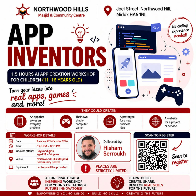 A promotional flyer for an "App Inventors" workshop features bold red and black text in the foreground, set against a white background with digital illustrations of a smartphone, code, and a game controller.