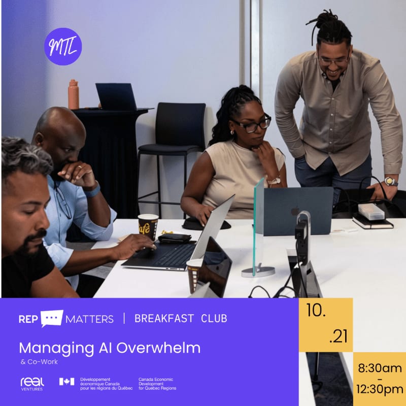 Three professionals collaborate around a white table with laptops in a modern office setting, overlaid with a purple promotional banner for a "Managing AI Overwhelm" breakfast club event.
