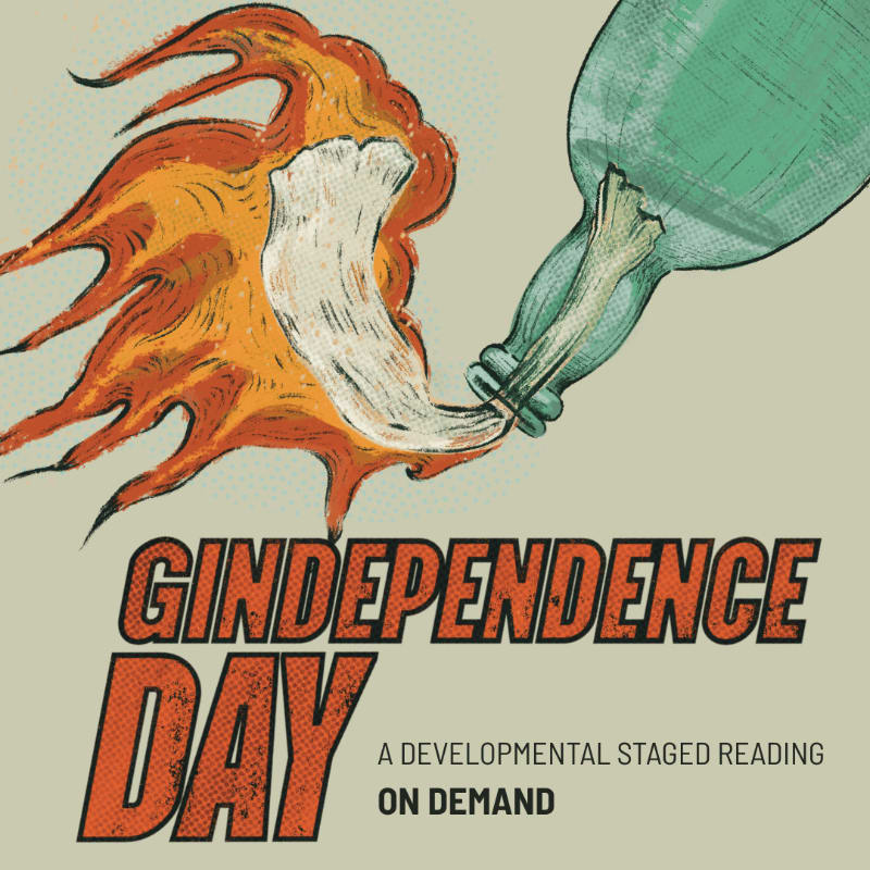 A flaming bottle neck dominates the foreground against a plain, light-colored background with the text "GINDEPENDENCE DAY" written below.
