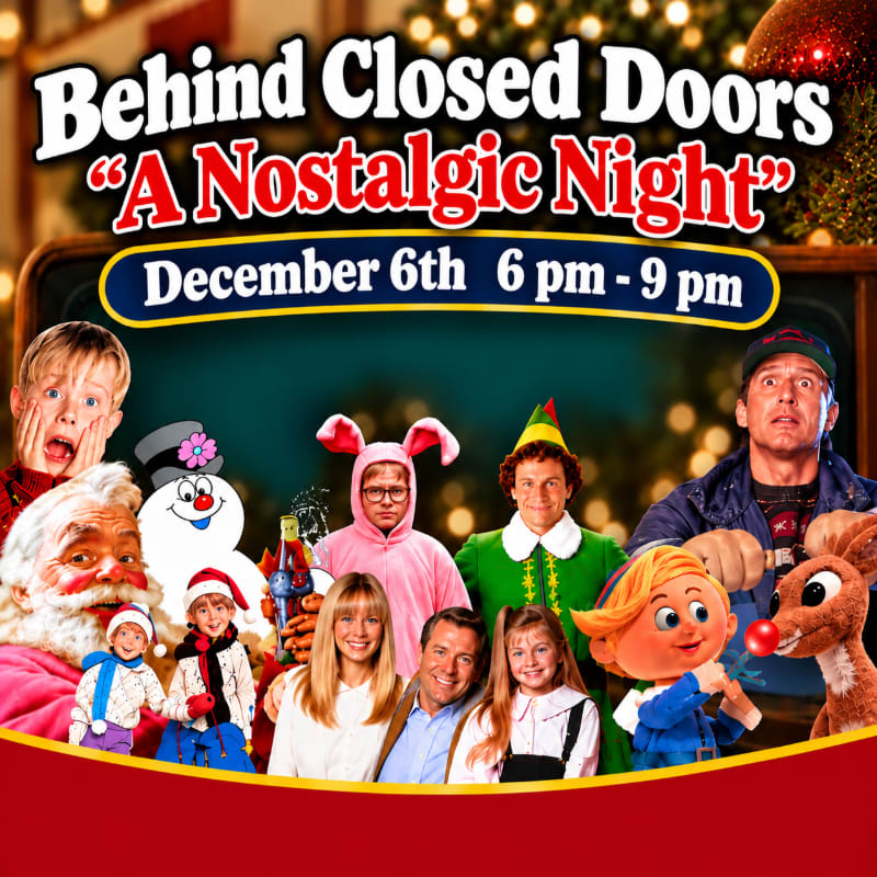 A collage of various Christmas movie characters and people fills the foreground, set against a blurred background of festive lights and a holiday banner.