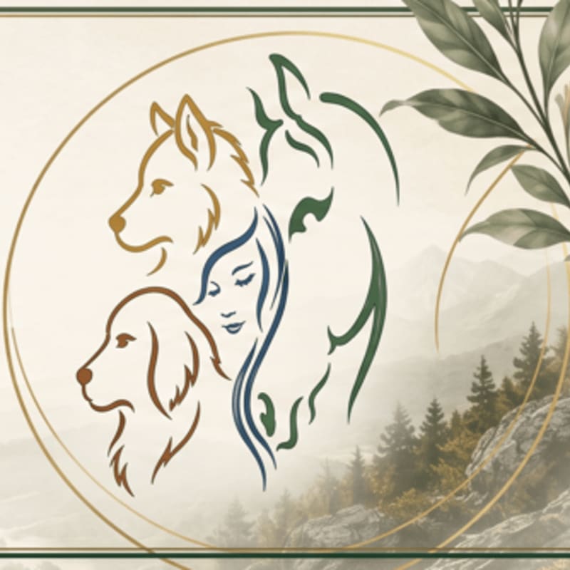 Stylized outlines of two dogs and a woman's face are centered within a gold circle, set against a background of misty mountains, pine trees, and green leaves.
