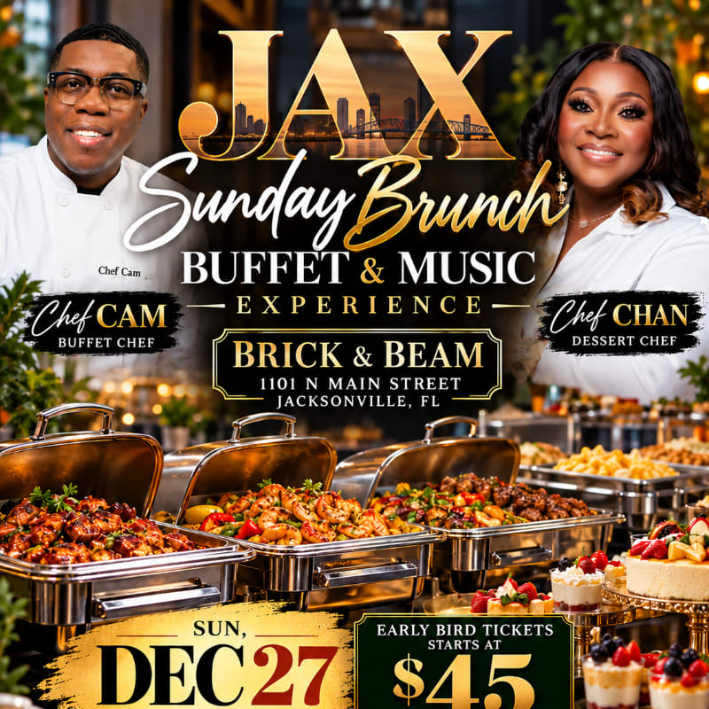 Two chefs flank a promotional flyer for a Sunday Brunch buffet at Brick & Beam, with various gourmet food trays displayed in the foreground.