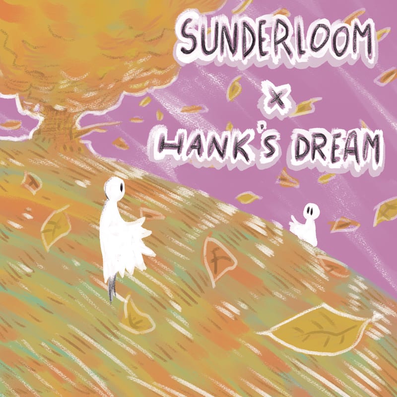 Two small white ghost-like figures stand on a leaf-strewn autumn hill against a purple sky and a large orange tree.