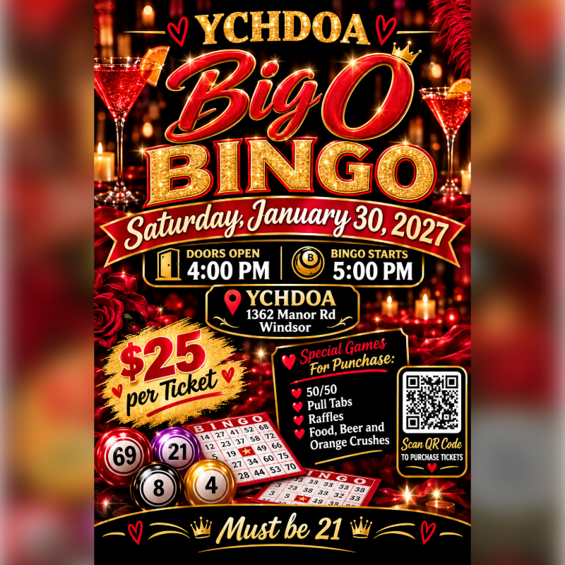 Bold red and gold text announcing "YCHDOA Big O BINGO" sits against a dark, blurred background with glowing lights.