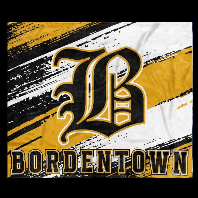 A large, stylized black and gold letter "B" sits centered over a streaked background of gold, white, and black, with the word "BORDENTOWN" printed across the bottom.