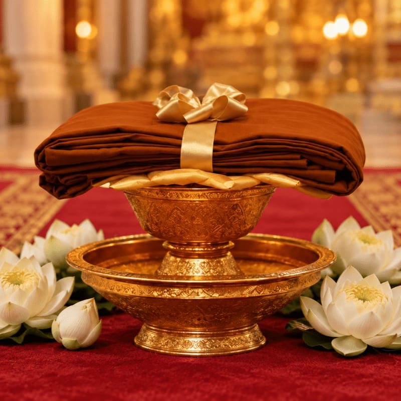 A folded brown robe tied with a gold ribbon rests on a golden pedestal surrounded by white lotus flowers against a blurred golden temple background.