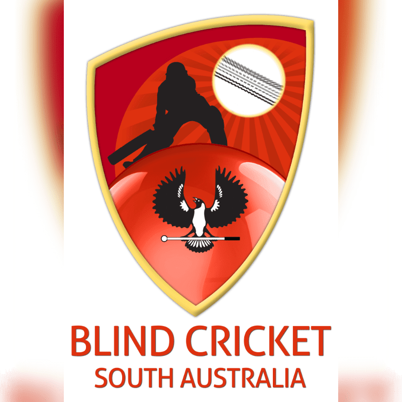 A logo for Blind Cricket South Australia features a red shield containing a cricketer's silhouette and an eagle, set against a white background with soft red gradients.
