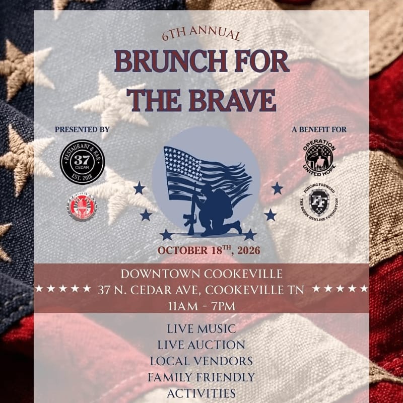 An event flyer for the "6th Annual Brunch for the Brave" is centered over a blurred background of the American flag.