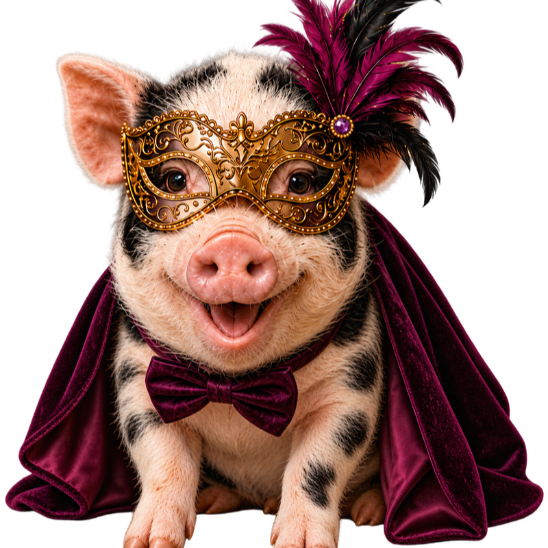 A spotted pig wearing a gold masquerade mask, purple bow tie, and velvet cape sits against a plain white background.