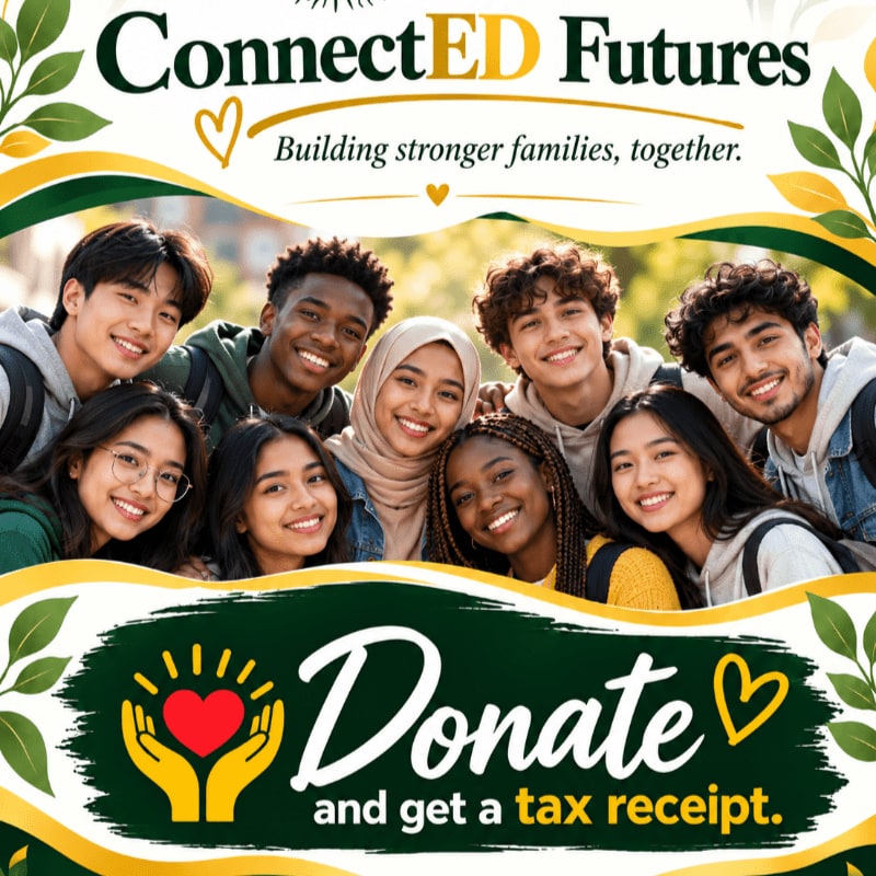 A diverse group of smiling young adults stands in the center, framed by a white background with green leaf accents and promotional text for "ConnectED Futures" and donations.
