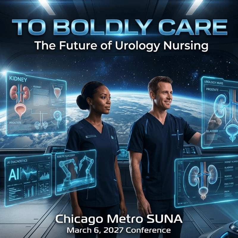 Two medical professionals in dark blue scrubs stand before futuristic holographic medical displays inside a spacecraft overlooking Earth.