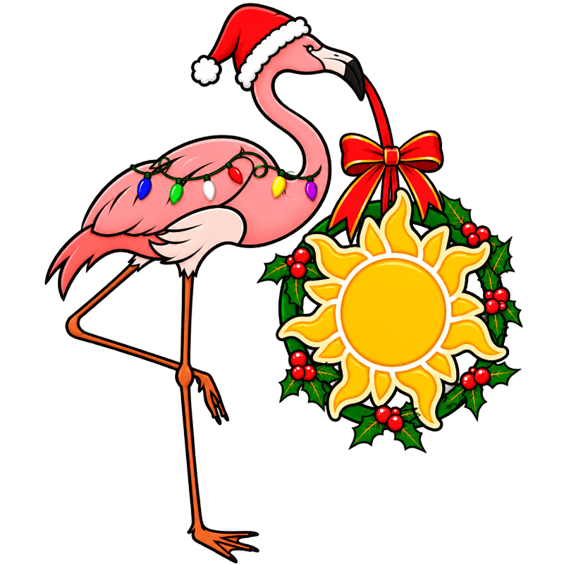 A pink flamingo wearing a Santa hat and colorful lights holds a sun-shaped holiday wreath against a plain white background.