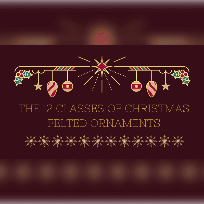 Gold text and festive ornament illustrations sit centered against a dark maroon background.