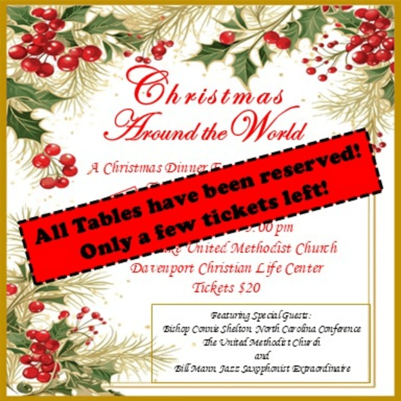 A Christmas dinner invitation with festive holly and berries in the corners features a bold red banner stating that all tables are reserved.