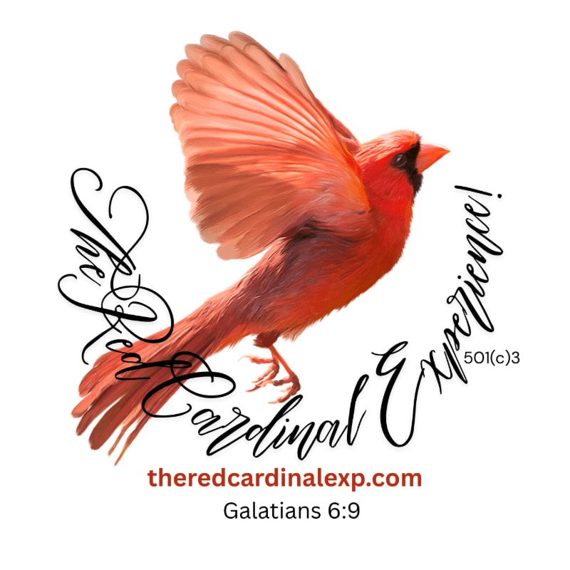 A red cardinal with outstretched wings is centered in the foreground, surrounded by elegant cursive text and a website URL against a plain white background.