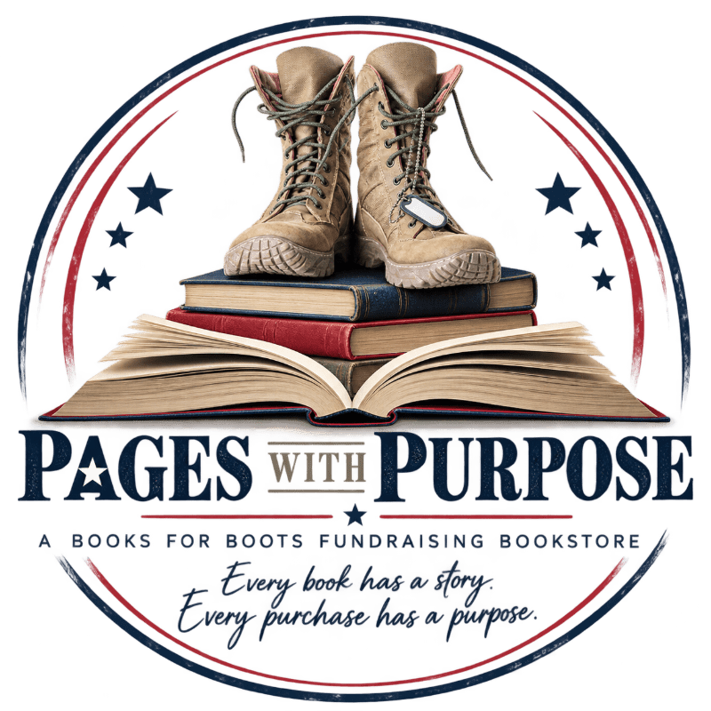 A pair of tan combat boots rests atop a stack of books within a circular patriotic border featuring stars and stripes.