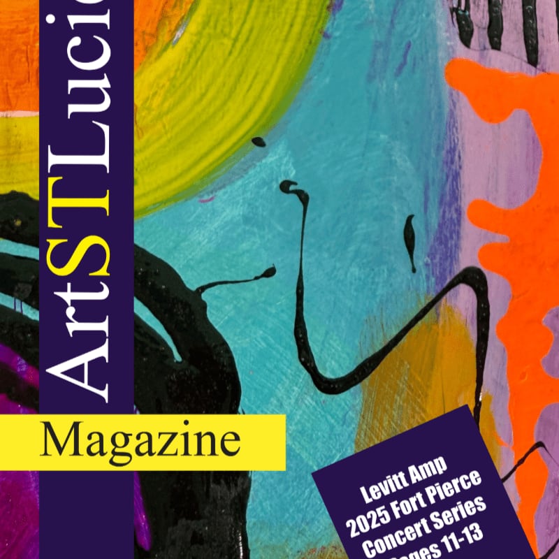 A vertical purple banner with "ArtSTLucie Magazine" text overlays a vibrant, abstract painting featuring swirls of yellow, blue, orange, and black.