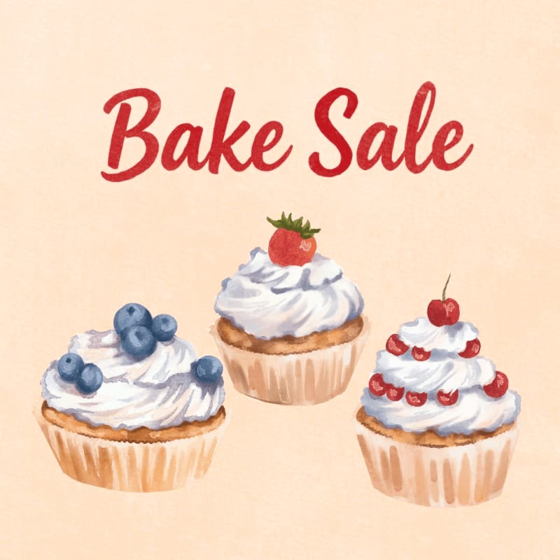 Three frosted cupcakes topped with berries sit in the foreground against a light beige background with the words "Bake Sale" written in red.