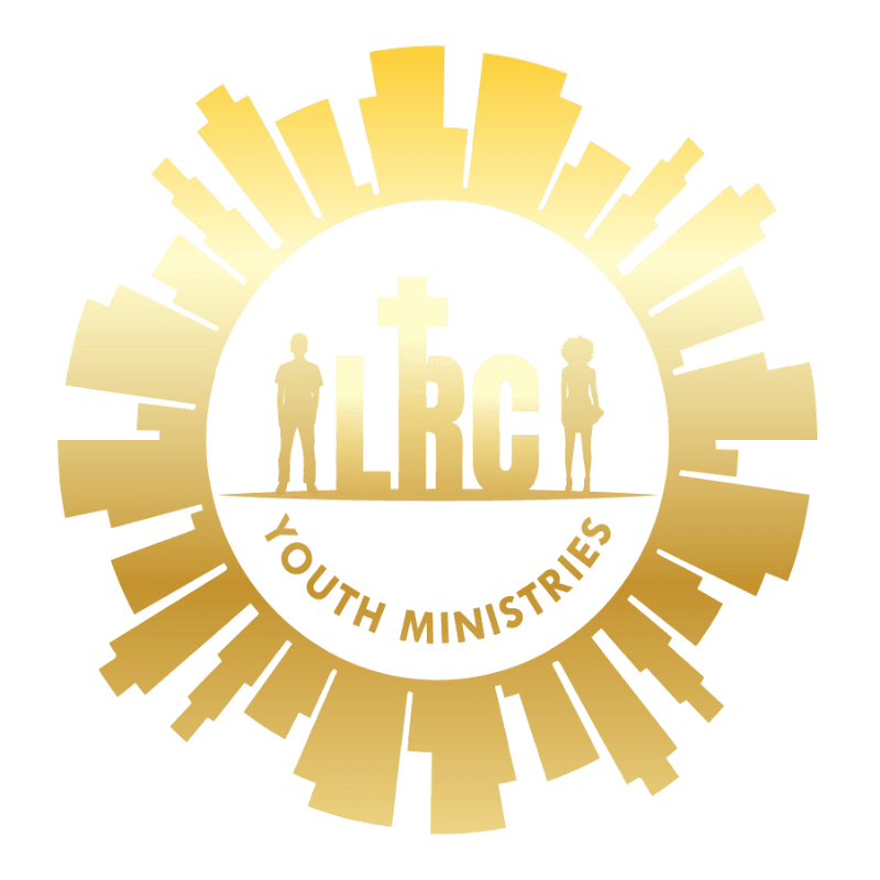 A gold circular logo features silhouettes of two people and a cross centered within a white circle, surrounded by a stylized golden cityscape.