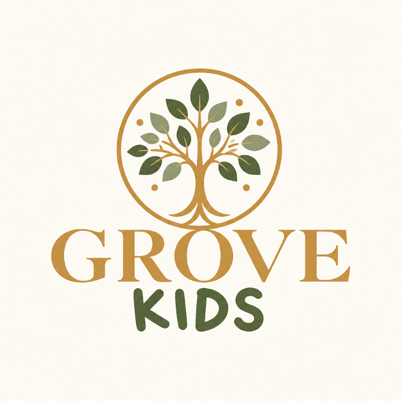 A gold and green tree logo with the text "GROVE KIDS" is centered on a plain off-white background.