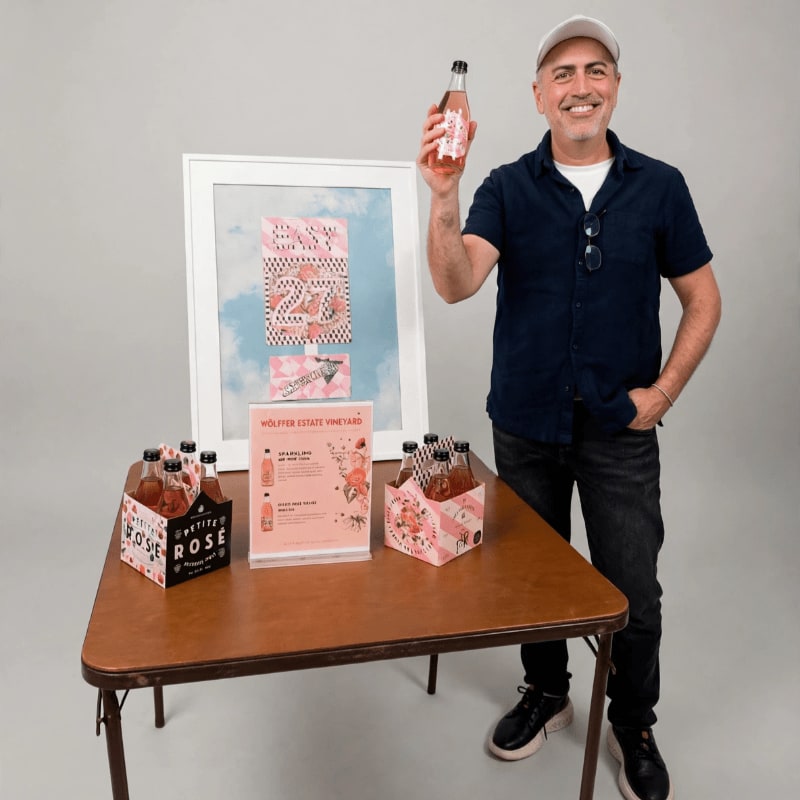 A smiling man holds a bottle of rosé behind a table displaying more bottles and promotional signage against a plain grey background.
