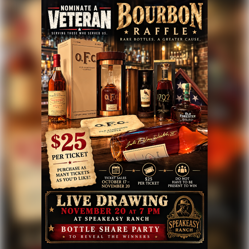 Various bottles of bourbon and a raffle ticket are displayed in the foreground against a blurred bar background.
