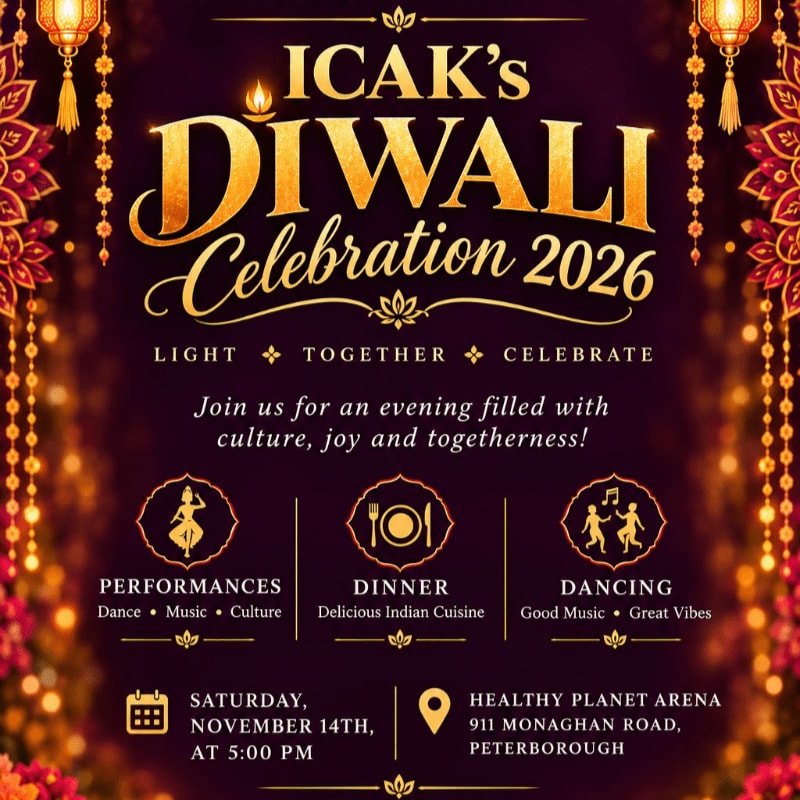 Gold and white text announcing "ICAK's Diwali Celebration 2026" sits in the foreground against a dark purple background adorned with glowing lanterns and bokeh lights.