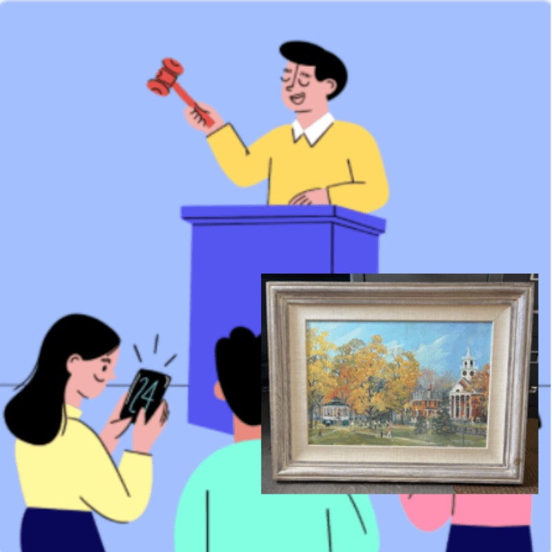 A framed landscape painting sits in the foreground against a background illustration of an auctioneer with a gavel and people bidding.
