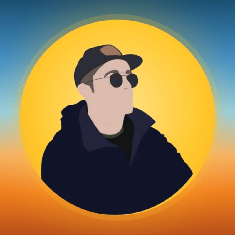 A minimalist illustration of a man wearing a cap, sunglasses, and a dark jacket set against a bright yellow circular backdrop and a blue-to-orange gradient background.