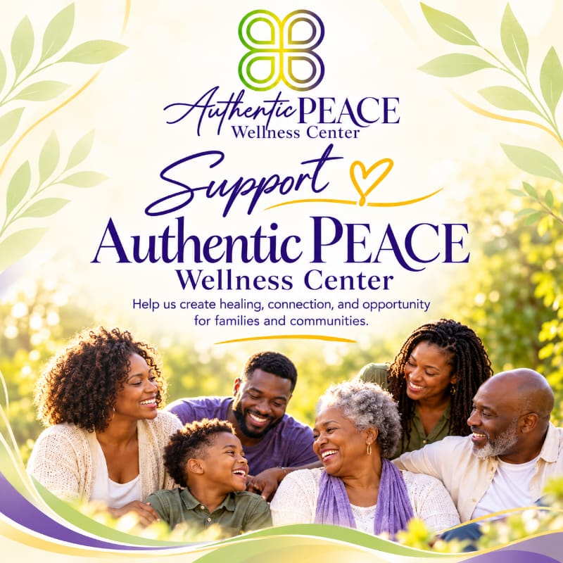 A smiling multi-generational family gathers in the foreground beneath the logo and text for the Authentic PEACE Wellness Center, set against a bright, sunlit outdoor background.
