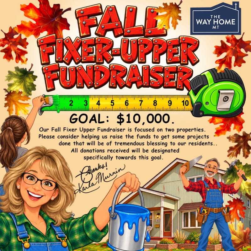 A smiling woman with a paint bucket and a man with tools stand in the foreground of a fundraiser flyer featuring a house and autumn leaves in the background.