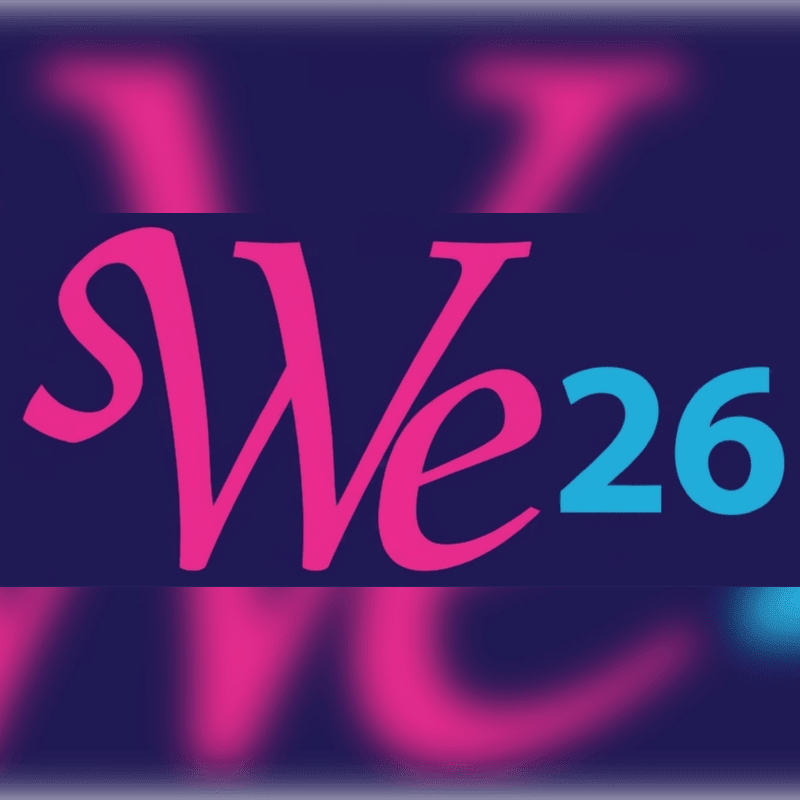 The text "sWe26" in pink and blue is centered against a dark purple background with blurred pink shapes.