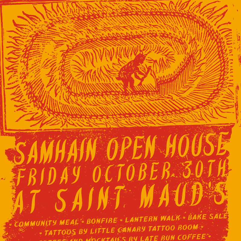 A stylized orange and red poster features a small creature amidst concentric rings of fire in the background and event details for a "Samhain Open House" in the foreground.