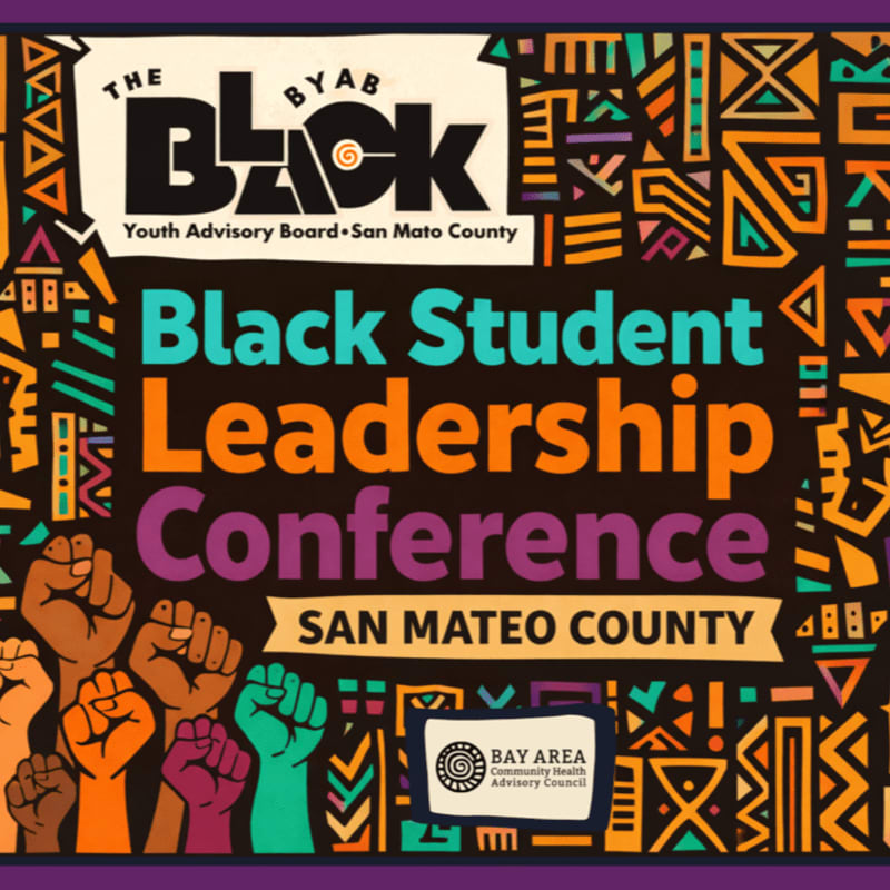 Colorful text announcing the "Black Student Leadership Conference" and raised fists in the foreground are set against a background of vibrant, geometric African-inspired patterns.
