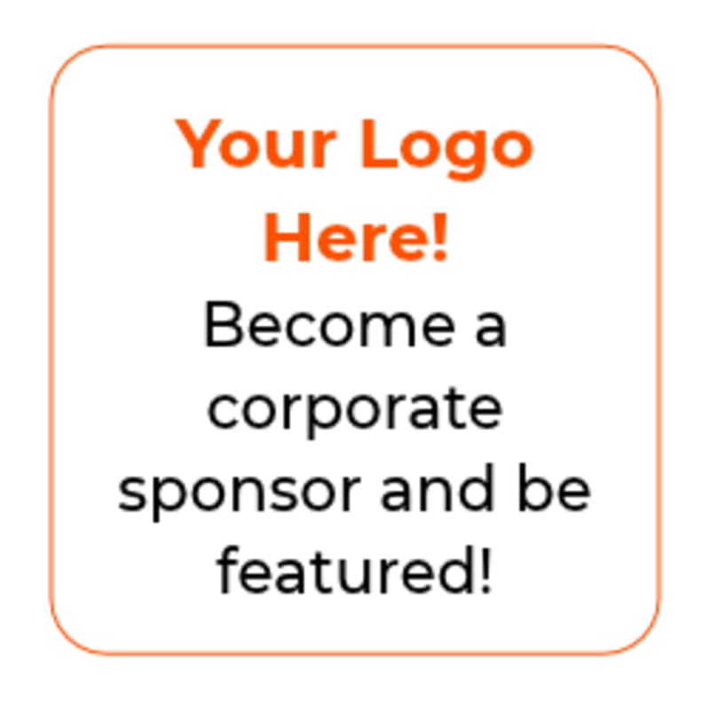 Orange and black text promoting corporate sponsorship is centered within a white rounded rectangle with an orange border.