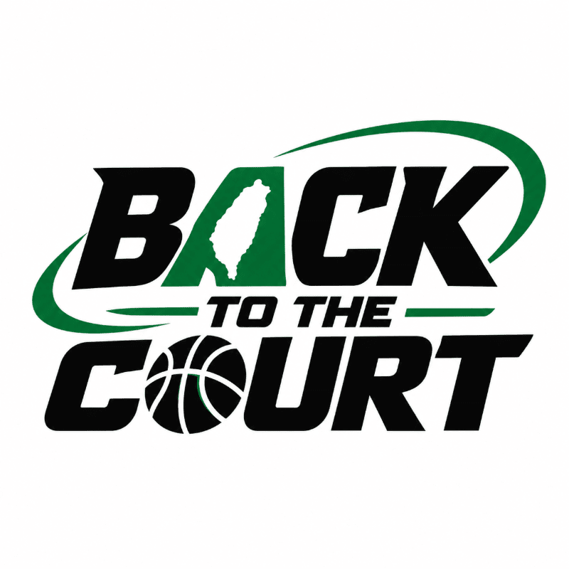Black and green text reading "BACK TO THE COURT" with a basketball and a map of Ireland set against a plain white background.