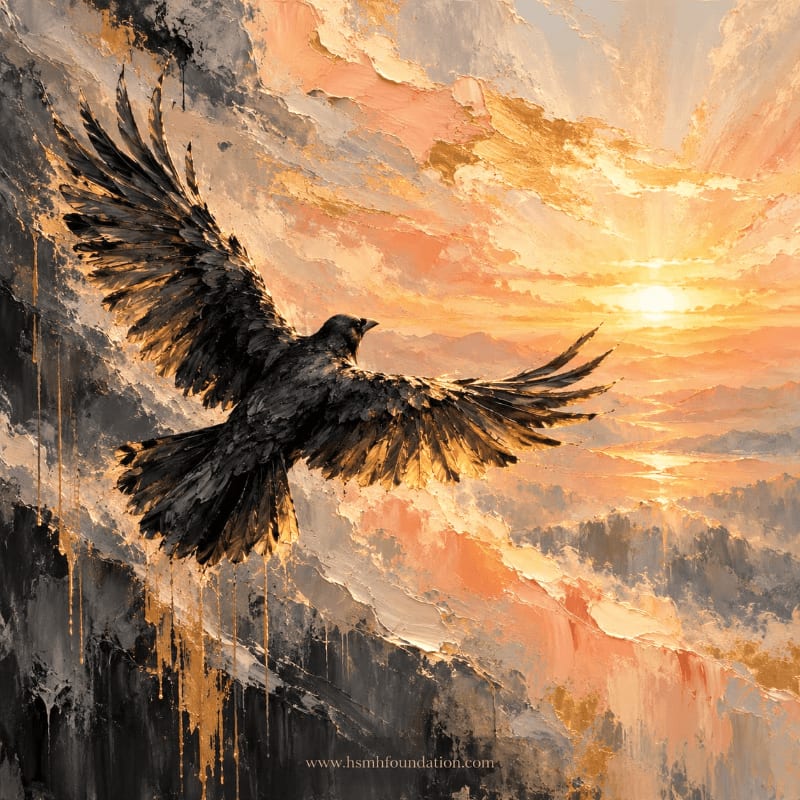 A black crow flies with outstretched wings against a dramatic, textured sunset sky of gold and orange.
