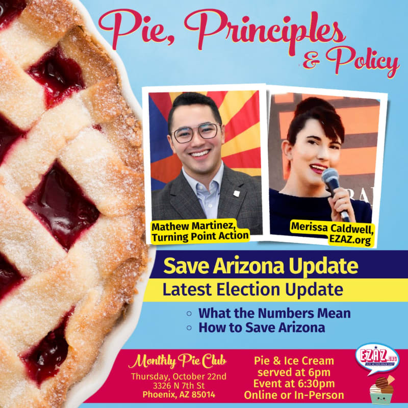 A cherry pie sits in the foreground of a promotional flyer featuring photos of two speakers and event details against a light blue background.