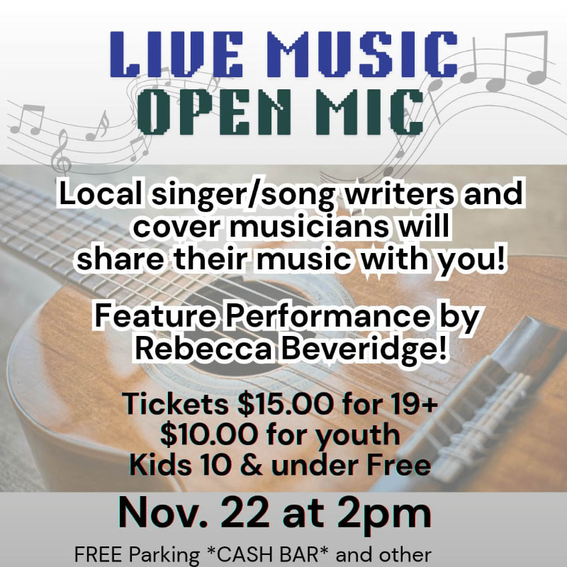 Event details for a live music open mic are overlaid in the foreground on a background featuring an acoustic guitar and musical notes.