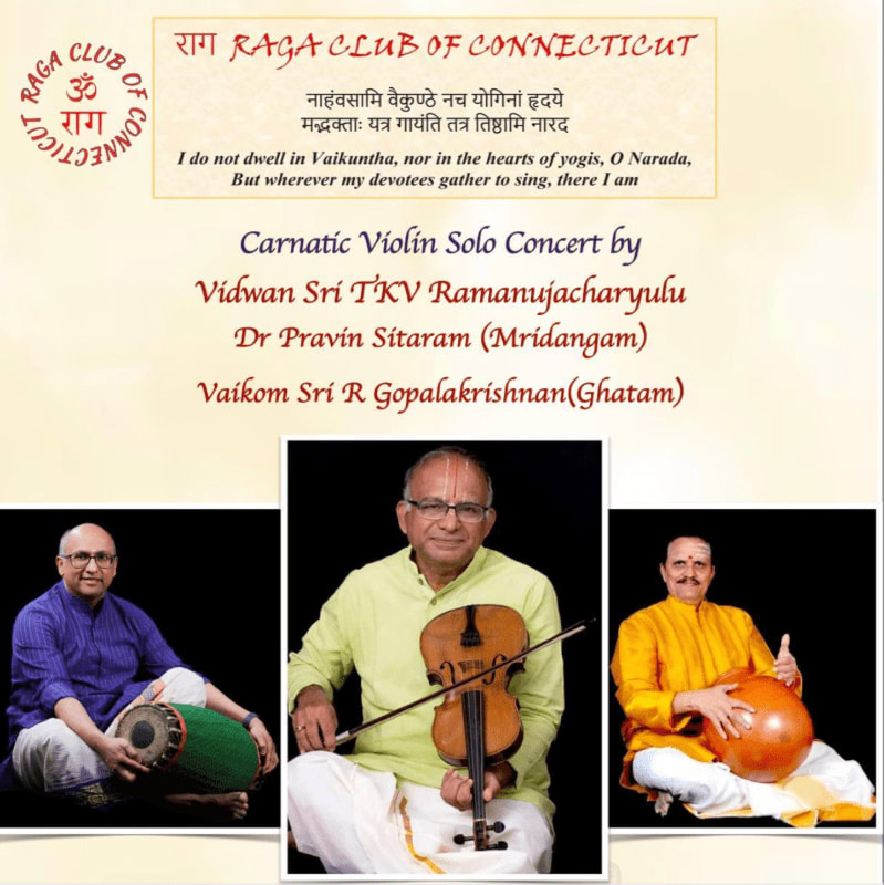 Three musicians are posed in the foreground against a light-colored background featuring text for a Carnatic Violin Solo Concert by the Raga Club of Connecticut.