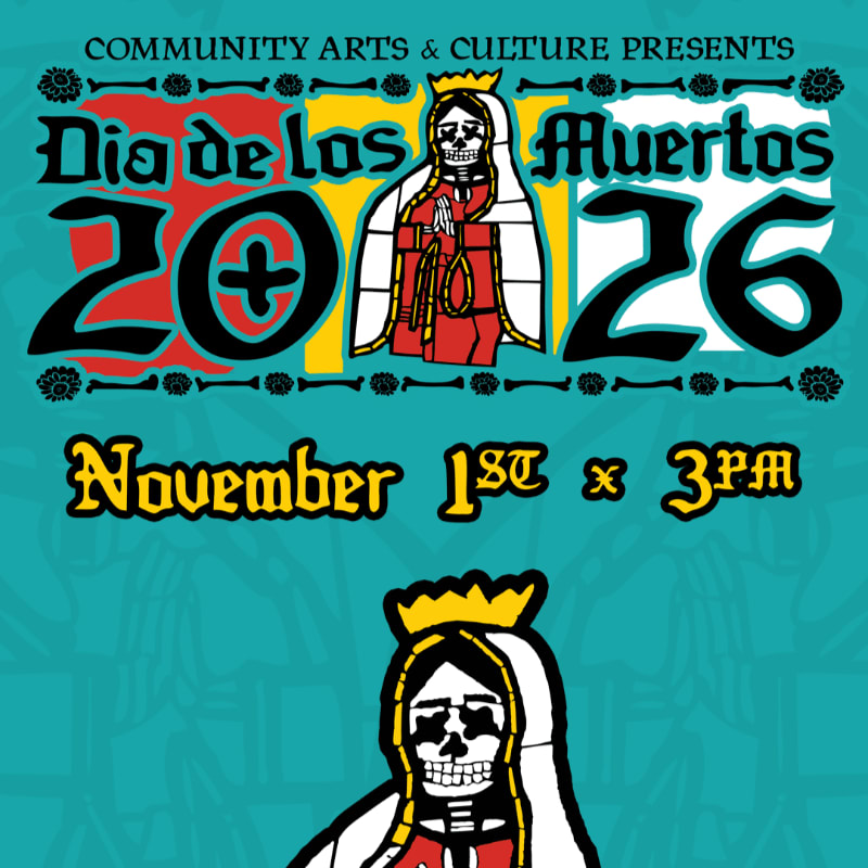 A stylized skeleton figure in traditional dress appears in the foreground against a teal background featuring "Dia de los Muertos 2026" text and event details.