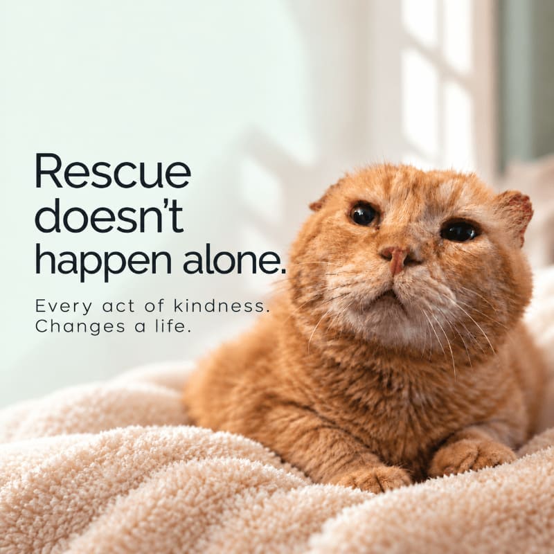 An orange cat rests on a fluffy beige blanket in the foreground against a bright, minimalist white background with text on the left.
