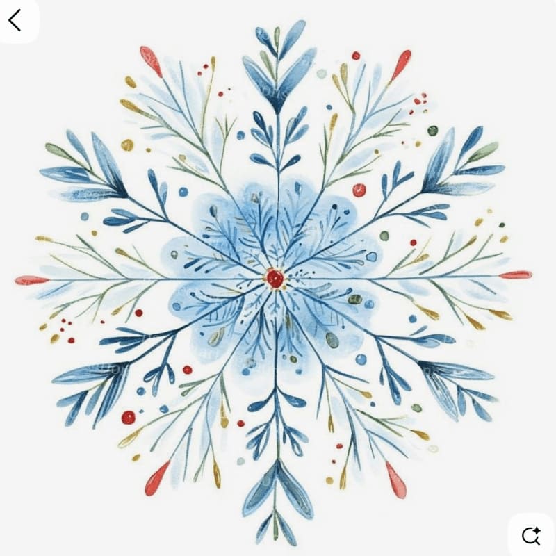 A stylized blue watercolor snowflake with red and gold accents is centered on a plain white background.