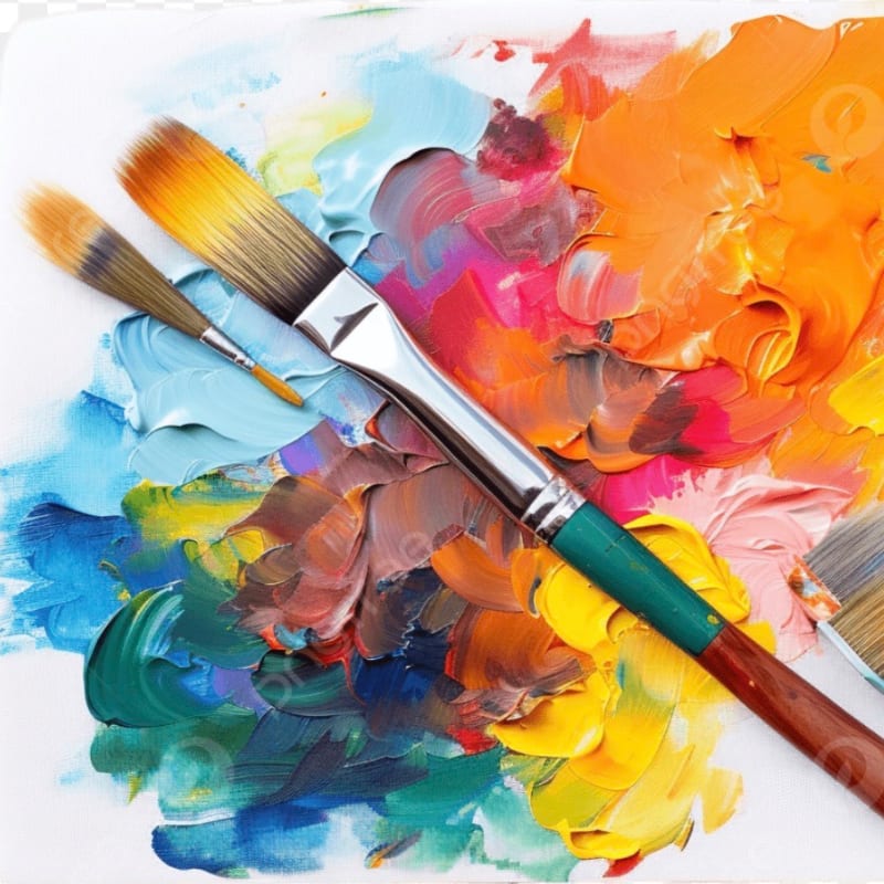 Two paintbrushes rest atop a vibrant, textured background of swirling multicolored acrylic paint.