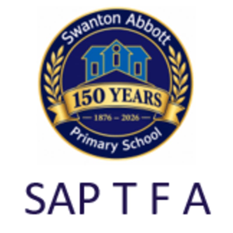 A circular blue and gold anniversary logo for Swanton Abbott Primary School sits above the text "SAP TFA" against a plain white background.